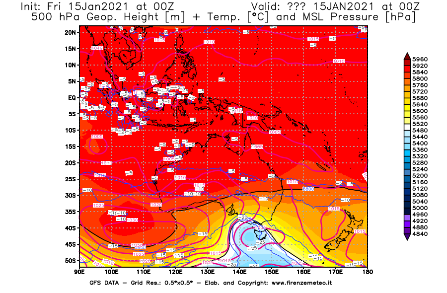 Mappa di analisi GFS - Geopotenziale [m] + Temp. [°C] a 500 hPa + Press. a livello del mare [hPa] in Oceania
									del 15/01/2021 00 <!--googleoff: index-->UTC<!--googleon: index-->