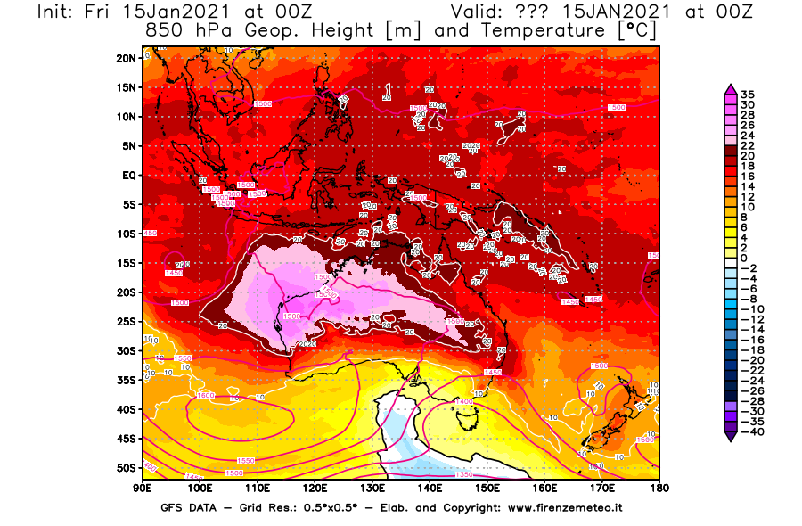 Mappa di analisi GFS - Geopotenziale [m] e Temperatura [°C] a 850 hPa in Oceania
									del 15/01/2021 00 <!--googleoff: index-->UTC<!--googleon: index-->