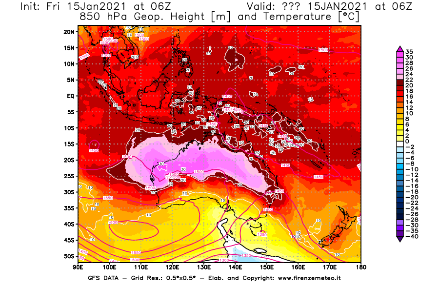 Mappa di analisi GFS - Geopotenziale [m] e Temperatura [°C] a 850 hPa in Oceania
									del 15/01/2021 06 <!--googleoff: index-->UTC<!--googleon: index-->