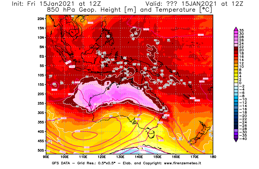 Mappa di analisi GFS - Geopotenziale [m] e Temperatura [°C] a 850 hPa in Oceania
									del 15/01/2021 12 <!--googleoff: index-->UTC<!--googleon: index-->