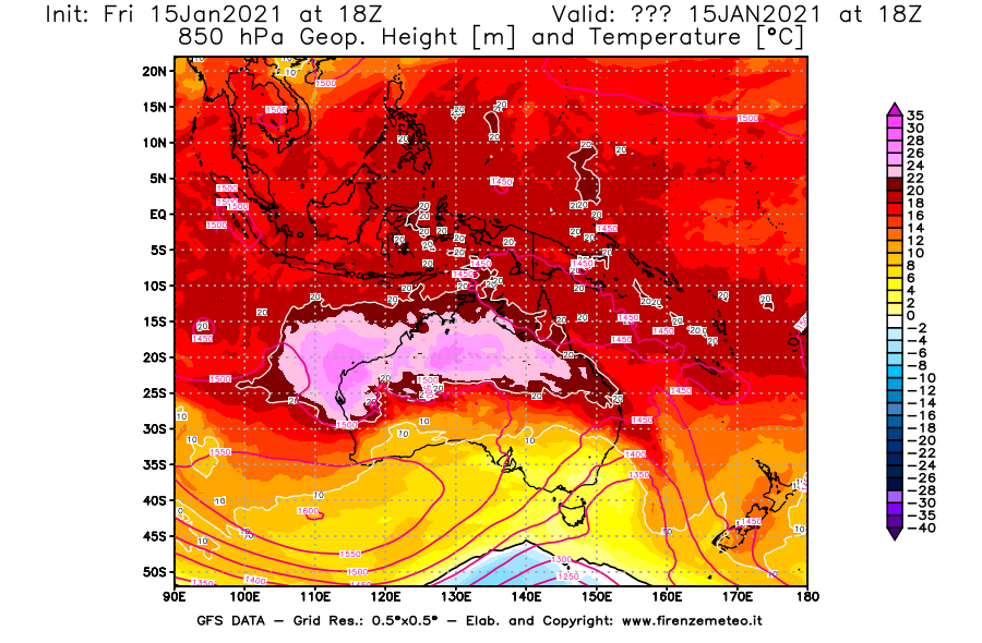 Mappa di analisi GFS - Geopotenziale [m] e Temperatura [°C] a 850 hPa in Oceania
									del 15/01/2021 18 <!--googleoff: index-->UTC<!--googleon: index-->