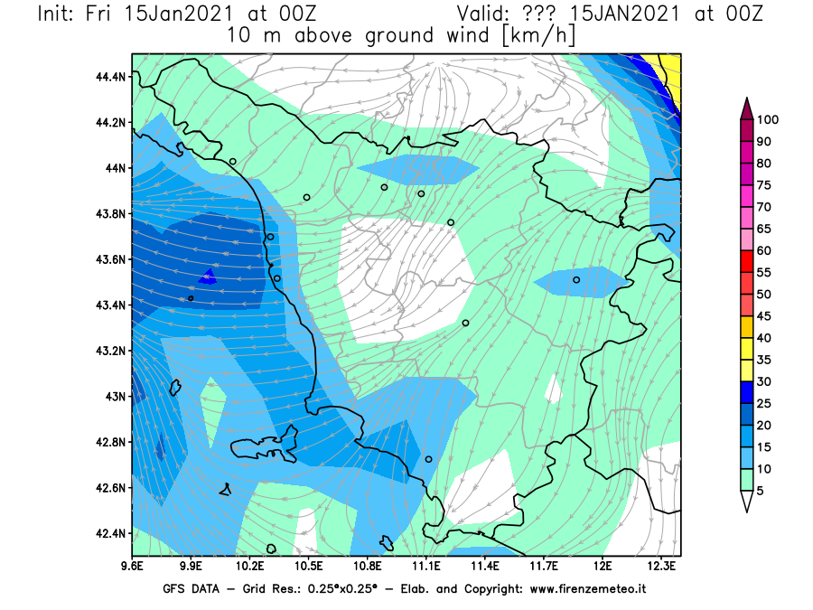 Mappa di analisi GFS - Velocità del vento a 10 metri dal suolo [km/h] in Toscana
									del 15/01/2021 00 <!--googleoff: index-->UTC<!--googleon: index-->