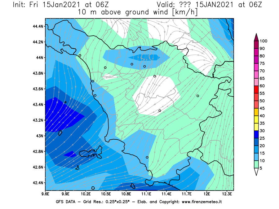 Mappa di analisi GFS - Velocità del vento a 10 metri dal suolo [km/h] in Toscana
									del 15/01/2021 06 <!--googleoff: index-->UTC<!--googleon: index-->