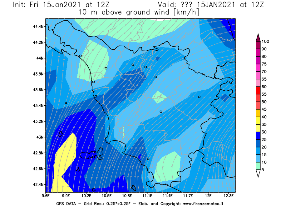 Mappa di analisi GFS - Velocità del vento a 10 metri dal suolo [km/h] in Toscana
									del 15/01/2021 12 <!--googleoff: index-->UTC<!--googleon: index-->