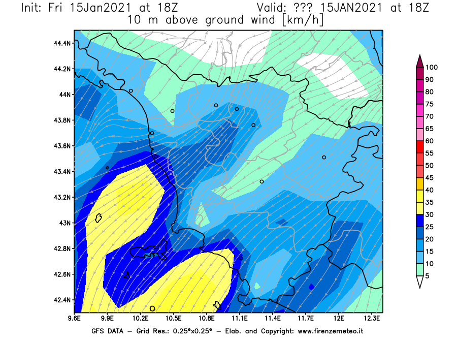 Mappa di analisi GFS - Velocità del vento a 10 metri dal suolo [km/h] in Toscana
									del 15/01/2021 18 <!--googleoff: index-->UTC<!--googleon: index-->