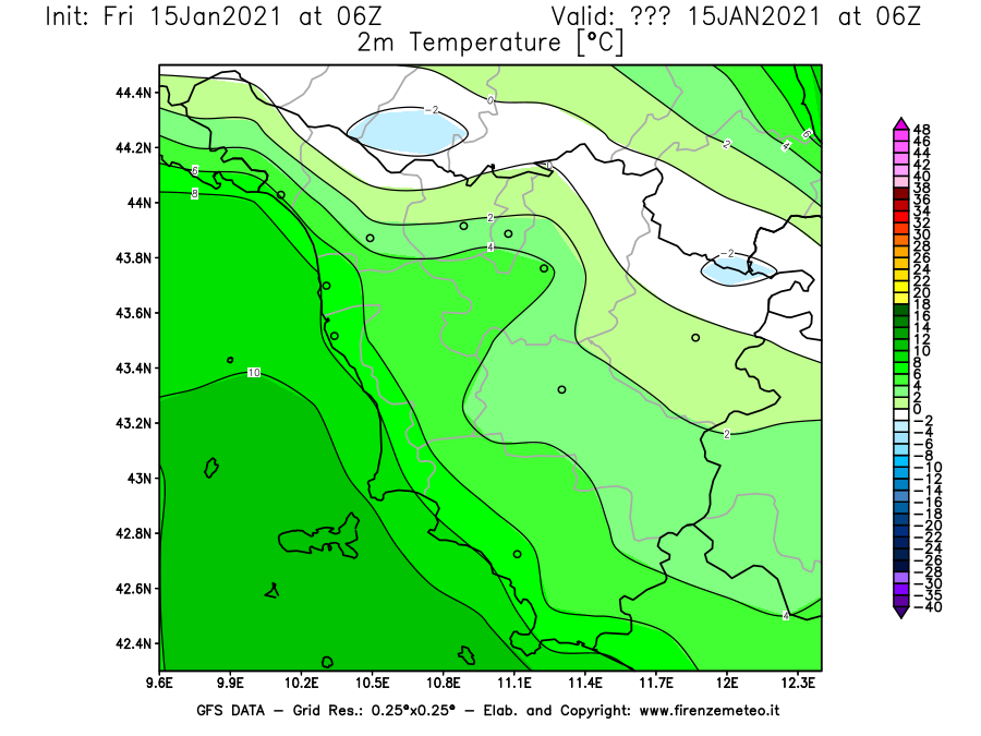 Mappa di analisi GFS - Temperatura a 2 metri dal suolo [°C] in Toscana
									del 15/01/2021 06 <!--googleoff: index-->UTC<!--googleon: index-->
