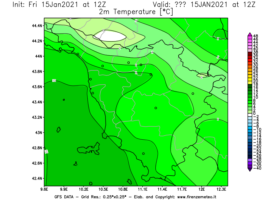 Mappa di analisi GFS - Temperatura a 2 metri dal suolo [°C] in Toscana
									del 15/01/2021 12 <!--googleoff: index-->UTC<!--googleon: index-->
