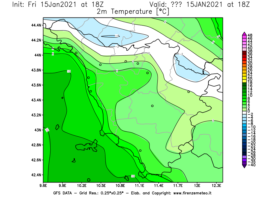 Mappa di analisi GFS - Temperatura a 2 metri dal suolo [°C] in Toscana
									del 15/01/2021 18 <!--googleoff: index-->UTC<!--googleon: index-->