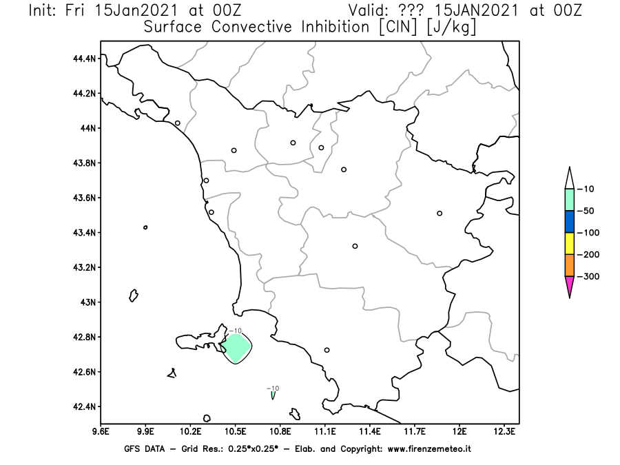 Mappa di analisi GFS - CIN [J/kg] in Toscana
									del 15/01/2021 00 <!--googleoff: index-->UTC<!--googleon: index-->