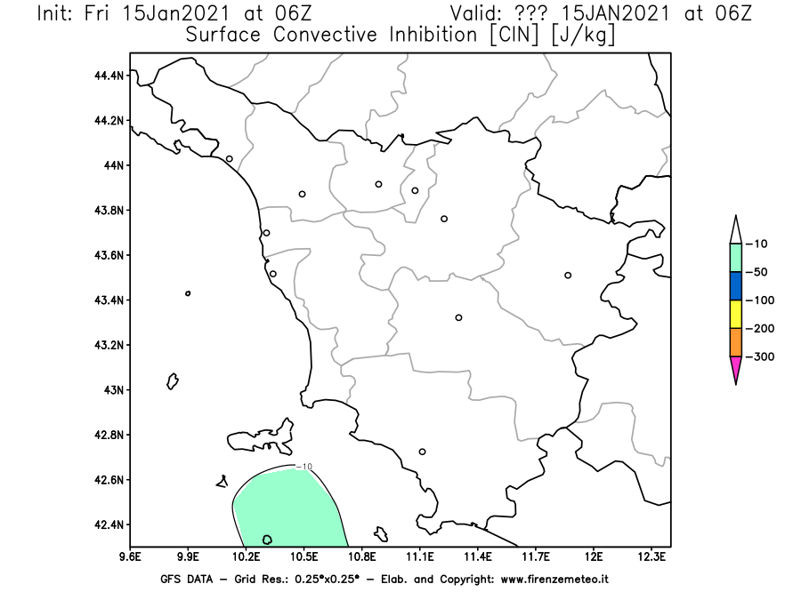 Mappa di analisi GFS - CIN [J/kg] in Toscana
									del 15/01/2021 06 <!--googleoff: index-->UTC<!--googleon: index-->