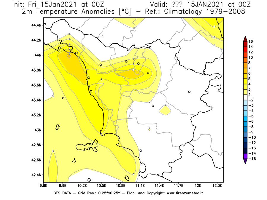 Mappa di analisi GFS - Anomalia Temperatura [°C] a 2 m in Toscana
									del 15/01/2021 00 <!--googleoff: index-->UTC<!--googleon: index-->
