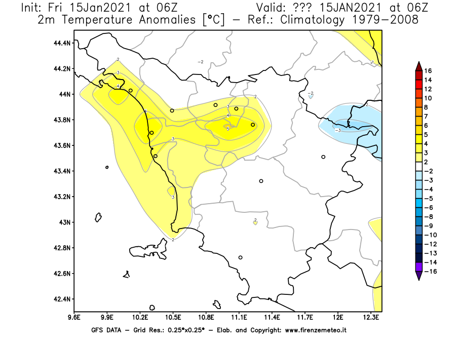 Mappa di analisi GFS - Anomalia Temperatura [°C] a 2 m in Toscana
									del 15/01/2021 06 <!--googleoff: index-->UTC<!--googleon: index-->
