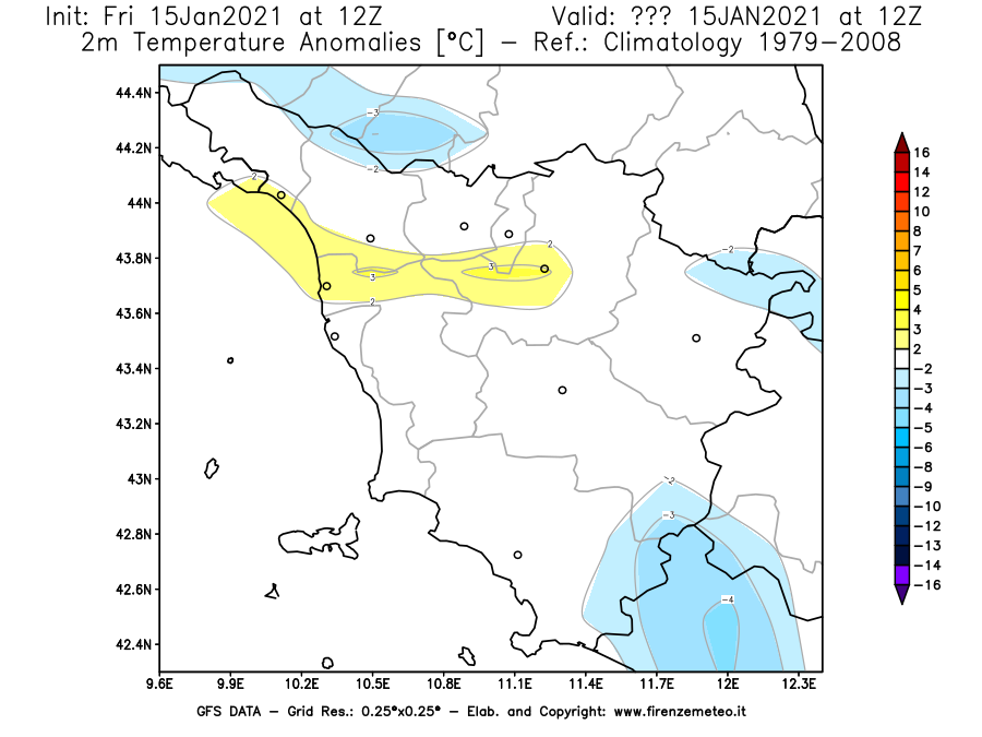 Mappa di analisi GFS - Anomalia Temperatura [°C] a 2 m in Toscana
									del 15/01/2021 12 <!--googleoff: index-->UTC<!--googleon: index-->