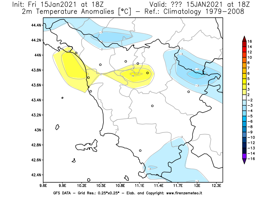 Mappa di analisi GFS - Anomalia Temperatura [°C] a 2 m in Toscana
									del 15/01/2021 18 <!--googleoff: index-->UTC<!--googleon: index-->