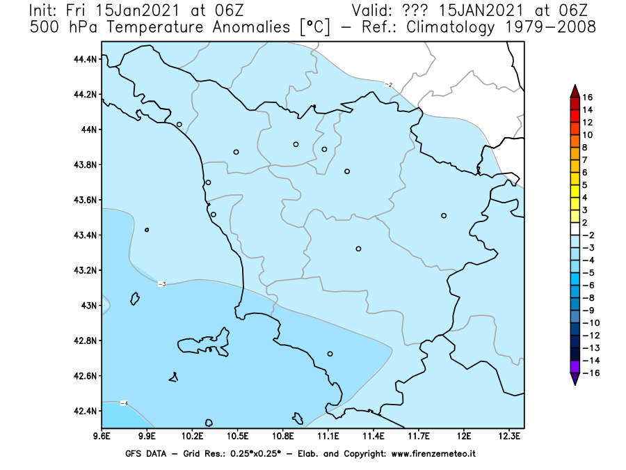 Mappa di analisi GFS - Anomalia Temperatura [°C] a 500 hPa in Toscana
									del 15/01/2021 06 <!--googleoff: index-->UTC<!--googleon: index-->