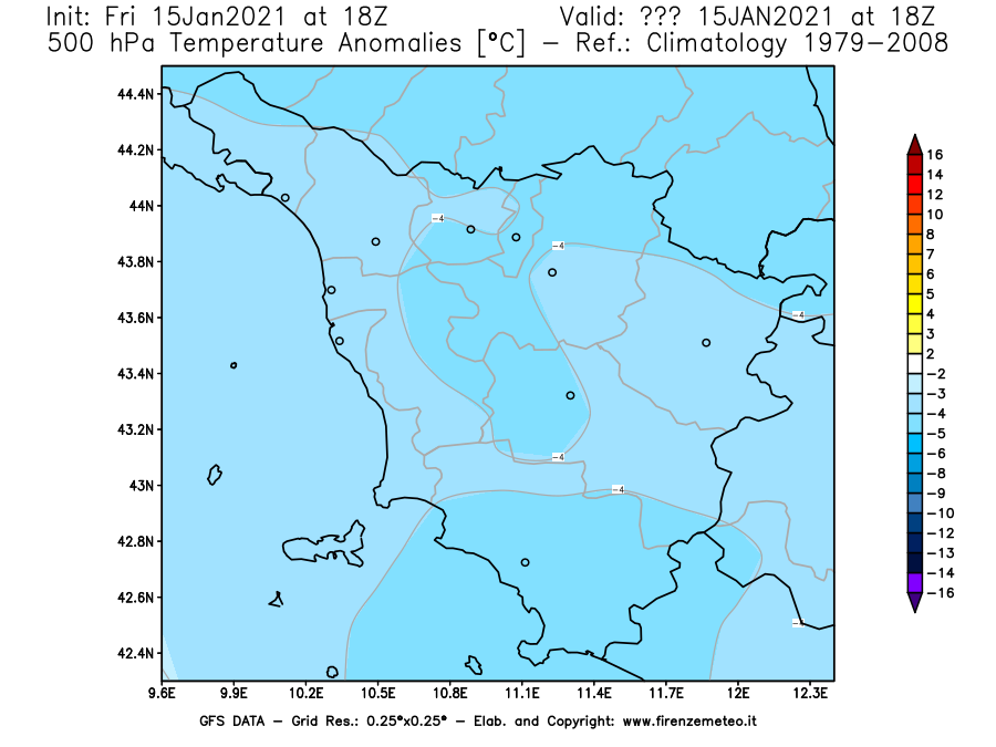 Mappa di analisi GFS - Anomalia Temperatura [°C] a 500 hPa in Toscana
									del 15/01/2021 18 <!--googleoff: index-->UTC<!--googleon: index-->