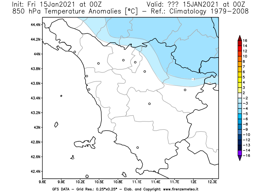 Mappa di analisi GFS - Anomalia Temperatura [°C] a 850 hPa in Toscana
									del 15/01/2021 00 <!--googleoff: index-->UTC<!--googleon: index-->
