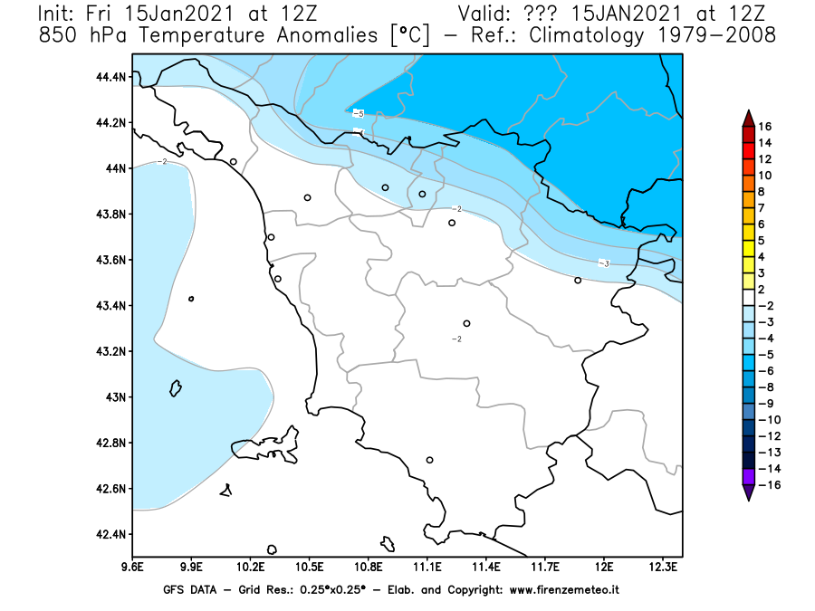 Mappa di analisi GFS - Anomalia Temperatura [°C] a 850 hPa in Toscana
									del 15/01/2021 12 <!--googleoff: index-->UTC<!--googleon: index-->