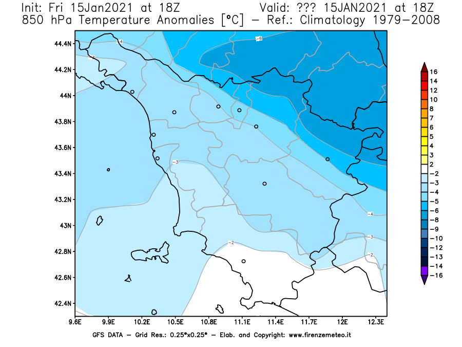 Mappa di analisi GFS - Anomalia Temperatura [°C] a 850 hPa in Toscana
									del 15/01/2021 18 <!--googleoff: index-->UTC<!--googleon: index-->