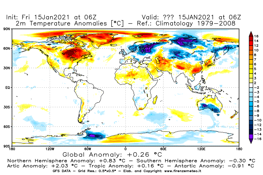 Mappa di analisi GFS - Anomalia Temperatura [°C] a 2 m in World
									del 15/01/2021 06 <!--googleoff: index-->UTC<!--googleon: index-->