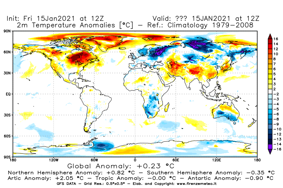 Mappa di analisi GFS - Anomalia Temperatura [°C] a 2 m in World
									del 15/01/2021 12 <!--googleoff: index-->UTC<!--googleon: index-->