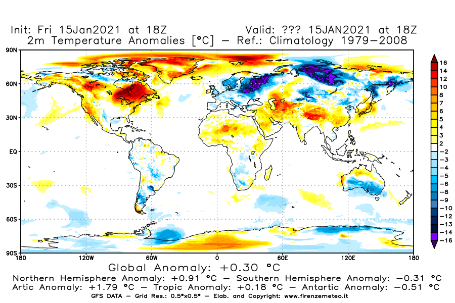 Mappa di analisi GFS - Anomalia Temperatura [°C] a 2 m in World
									del 15/01/2021 18 <!--googleoff: index-->UTC<!--googleon: index-->