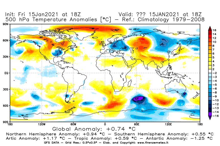 Mappa di analisi GFS - Anomalia Temperatura [°C] a 500 hPa in World
									del 15/01/2021 18 <!--googleoff: index-->UTC<!--googleon: index-->