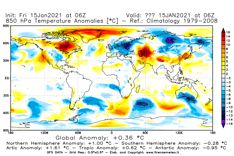 Mappa di analisi GFS - Anomalia Temperatura [°C] a 850 hPa in World
									del 15/01/2021 06 <!--googleoff: index-->UTC<!--googleon: index-->