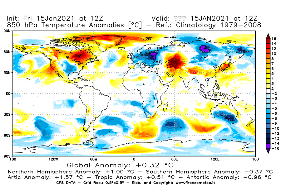 Mappa di analisi GFS - Anomalia Temperatura [°C] a 850 hPa in World
									del 15/01/2021 12 <!--googleoff: index-->UTC<!--googleon: index-->