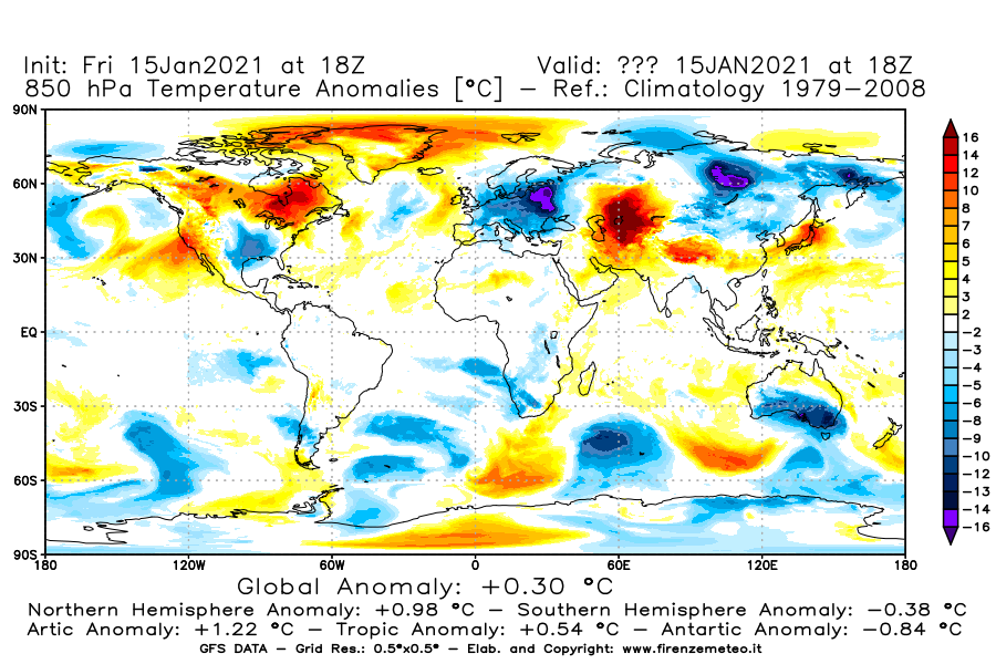 Mappa di analisi GFS - Anomalia Temperatura [°C] a 850 hPa in World
									del 15/01/2021 18 <!--googleoff: index-->UTC<!--googleon: index-->