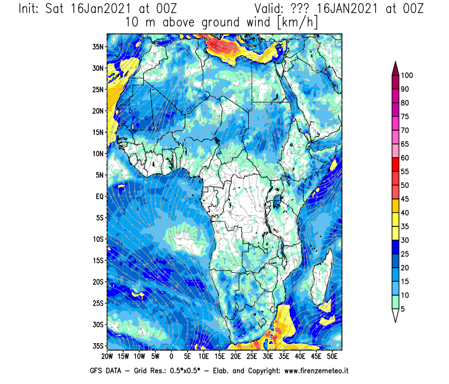 Mappa di analisi GFS - Velocità del vento a 10 metri dal suolo [km/h] in Africa
							del 16/01/2021 00 <!--googleoff: index-->UTC<!--googleon: index-->