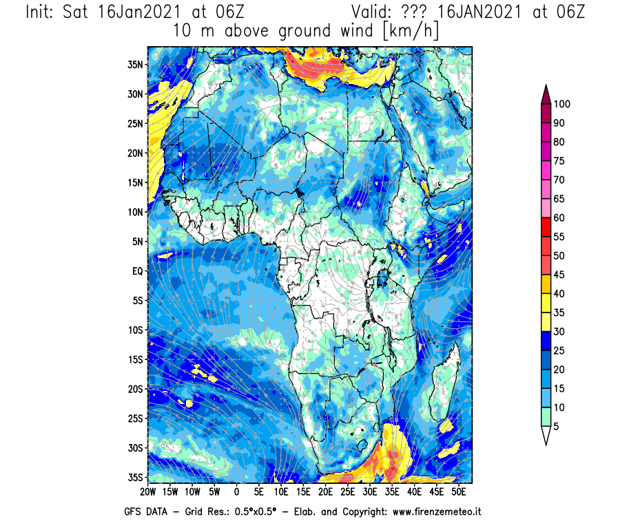 Mappa di analisi GFS - Velocità del vento a 10 metri dal suolo [km/h] in Africa
							del 16/01/2021 06 <!--googleoff: index-->UTC<!--googleon: index-->