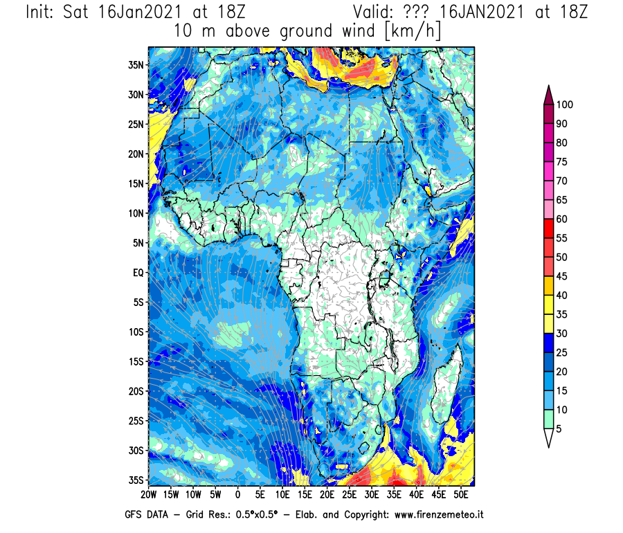 Mappa di analisi GFS - Velocità del vento a 10 metri dal suolo [km/h] in Africa
							del 16/01/2021 18 <!--googleoff: index-->UTC<!--googleon: index-->