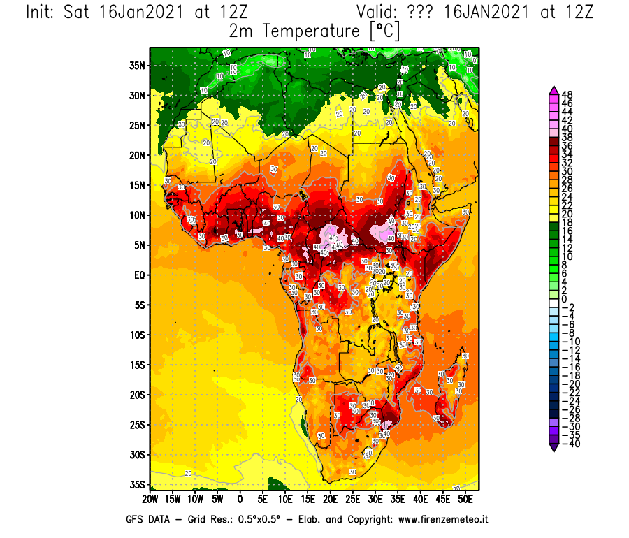 Mappa di analisi GFS - Temperatura a 2 metri dal suolo [°C] in Africa
							del 16/01/2021 12 <!--googleoff: index-->UTC<!--googleon: index-->