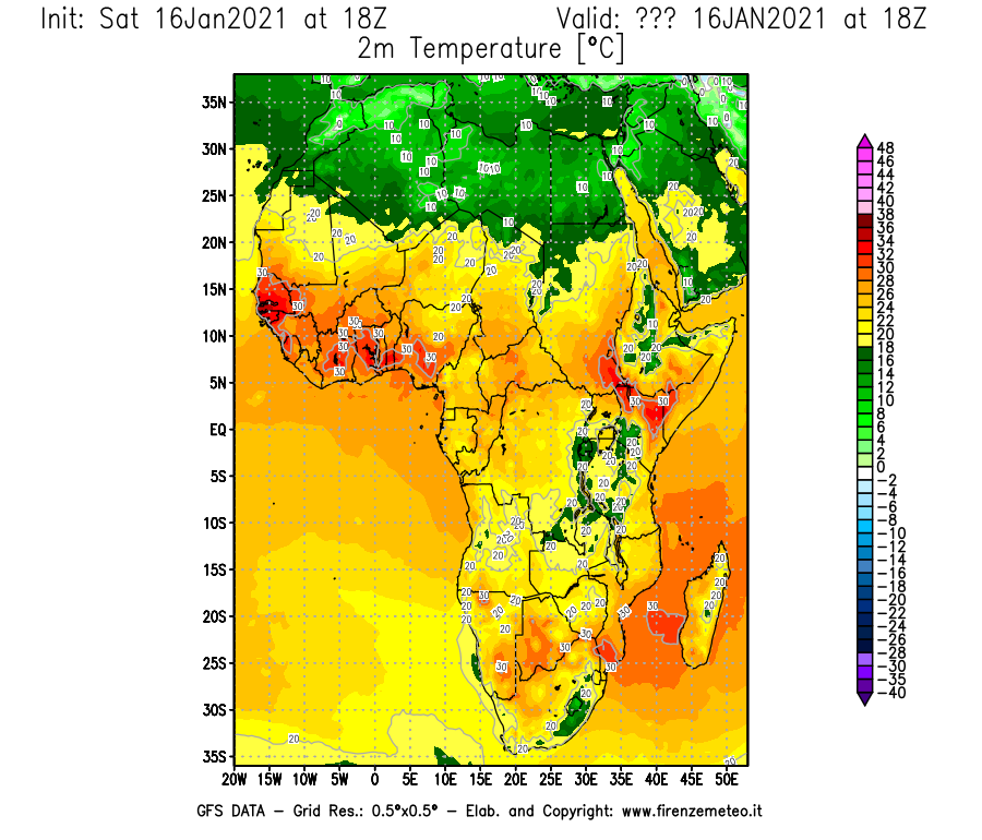 Mappa di analisi GFS - Temperatura a 2 metri dal suolo [°C] in Africa
							del 16/01/2021 18 <!--googleoff: index-->UTC<!--googleon: index-->