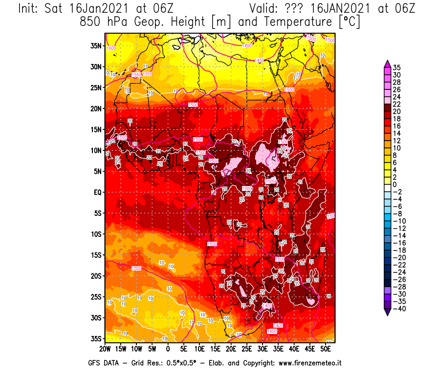 Mappa di analisi GFS - Geopotenziale [m] e Temperatura [°C] a 850 hPa in Africa
							del 16/01/2021 06 <!--googleoff: index-->UTC<!--googleon: index-->