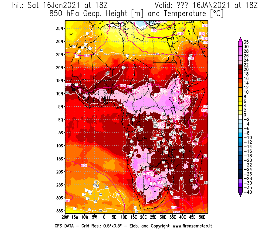 Mappa di analisi GFS - Geopotenziale [m] e Temperatura [°C] a 850 hPa in Africa
							del 16/01/2021 18 <!--googleoff: index-->UTC<!--googleon: index-->