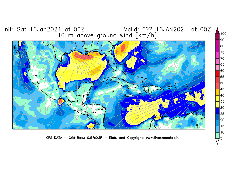 Mappa di analisi GFS - Velocità del vento a 10 metri dal suolo [km/h] in Centro-America
							del 16/01/2021 00 <!--googleoff: index-->UTC<!--googleon: index-->