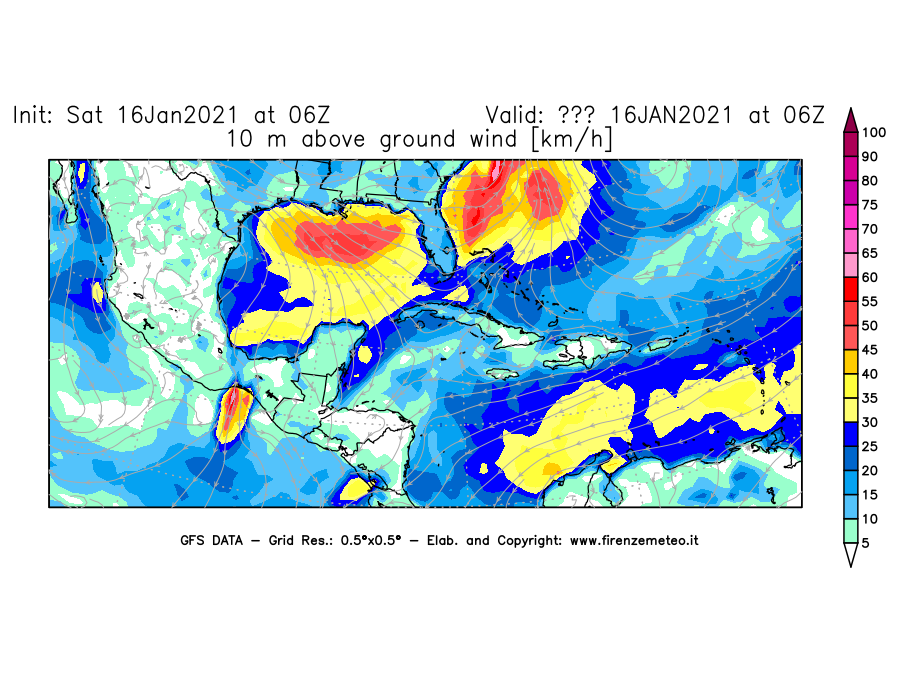 Mappa di analisi GFS - Velocità del vento a 10 metri dal suolo [km/h] in Centro-America
							del 16/01/2021 06 <!--googleoff: index-->UTC<!--googleon: index-->