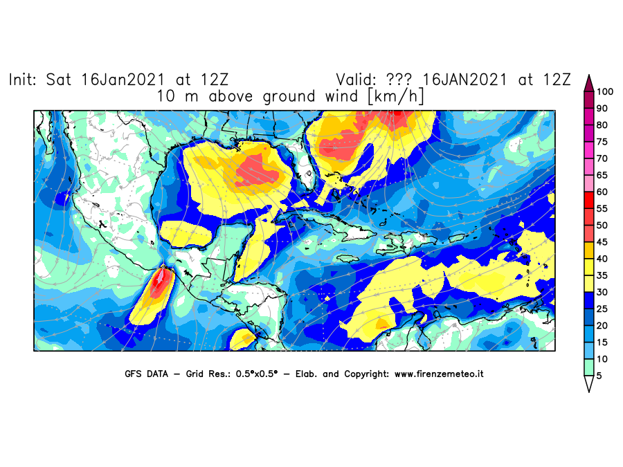 Mappa di analisi GFS - Velocità del vento a 10 metri dal suolo [km/h] in Centro-America
							del 16/01/2021 12 <!--googleoff: index-->UTC<!--googleon: index-->