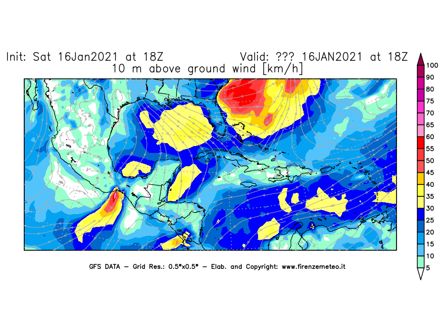Mappa di analisi GFS - Velocità del vento a 10 metri dal suolo [km/h] in Centro-America
							del 16/01/2021 18 <!--googleoff: index-->UTC<!--googleon: index-->