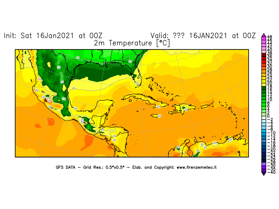 Mappa di analisi GFS - Temperatura a 2 metri dal suolo [°C] in Centro-America
							del 16/01/2021 00 <!--googleoff: index-->UTC<!--googleon: index-->
