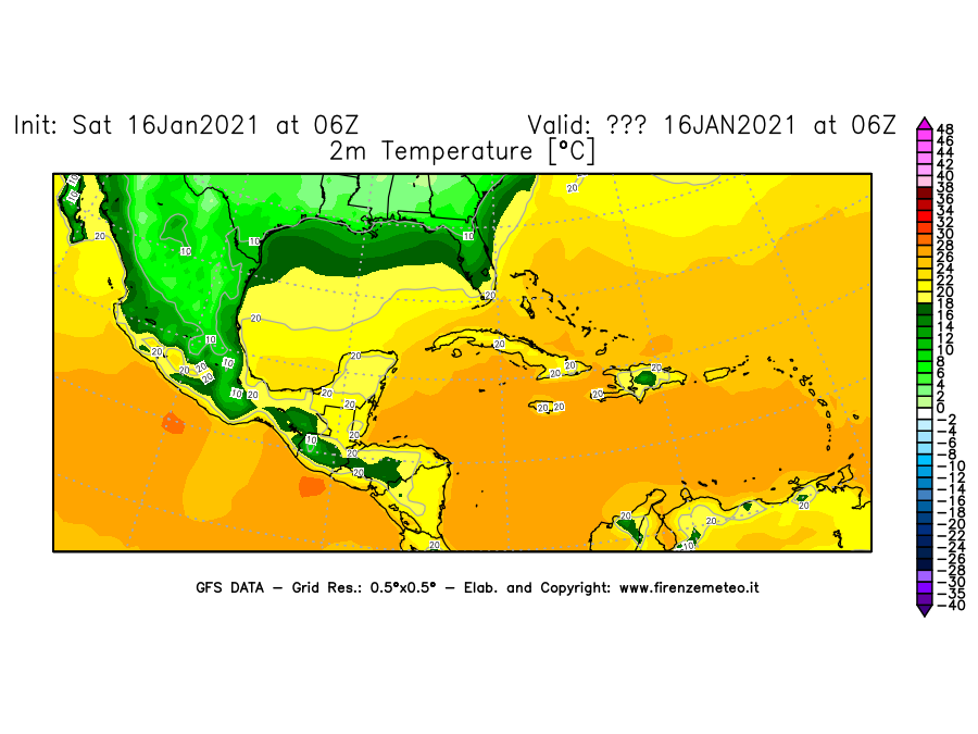 Mappa di analisi GFS - Temperatura a 2 metri dal suolo [°C] in Centro-America
							del 16/01/2021 06 <!--googleoff: index-->UTC<!--googleon: index-->