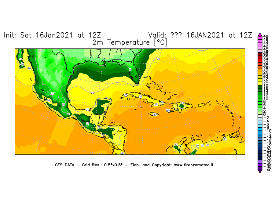 Mappa di analisi GFS - Temperatura a 2 metri dal suolo [°C] in Centro-America
							del 16/01/2021 12 <!--googleoff: index-->UTC<!--googleon: index-->