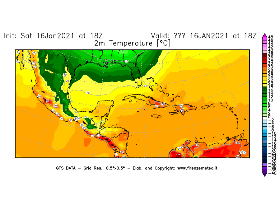 Mappa di analisi GFS - Temperatura a 2 metri dal suolo [°C] in Centro-America
							del 16/01/2021 18 <!--googleoff: index-->UTC<!--googleon: index-->