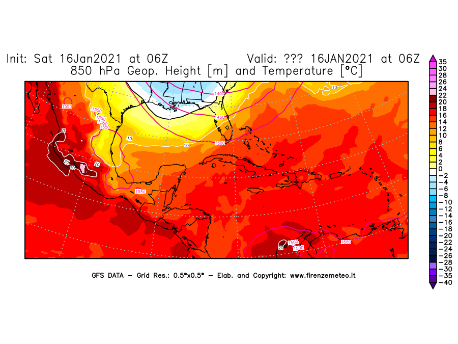 Mappa di analisi GFS - Geopotenziale [m] e Temperatura [°C] a 850 hPa in Centro-America
							del 16/01/2021 06 <!--googleoff: index-->UTC<!--googleon: index-->