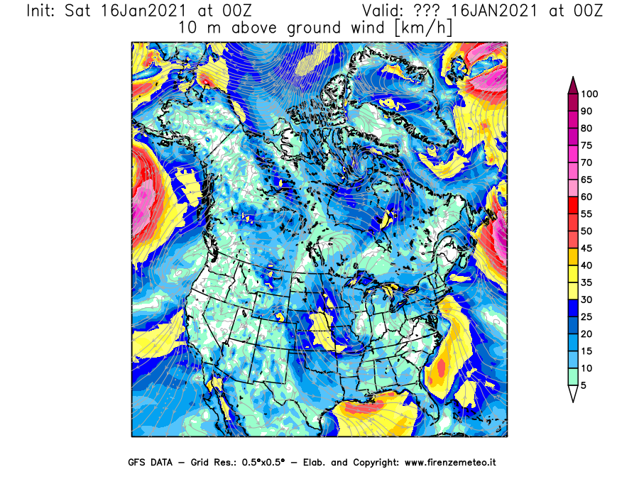 Mappa di analisi GFS - Velocità del vento a 10 metri dal suolo [km/h] in Nord-America
							del 16/01/2021 00 <!--googleoff: index-->UTC<!--googleon: index-->
