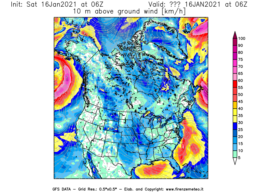 Mappa di analisi GFS - Velocità del vento a 10 metri dal suolo [km/h] in Nord-America
							del 16/01/2021 06 <!--googleoff: index-->UTC<!--googleon: index-->