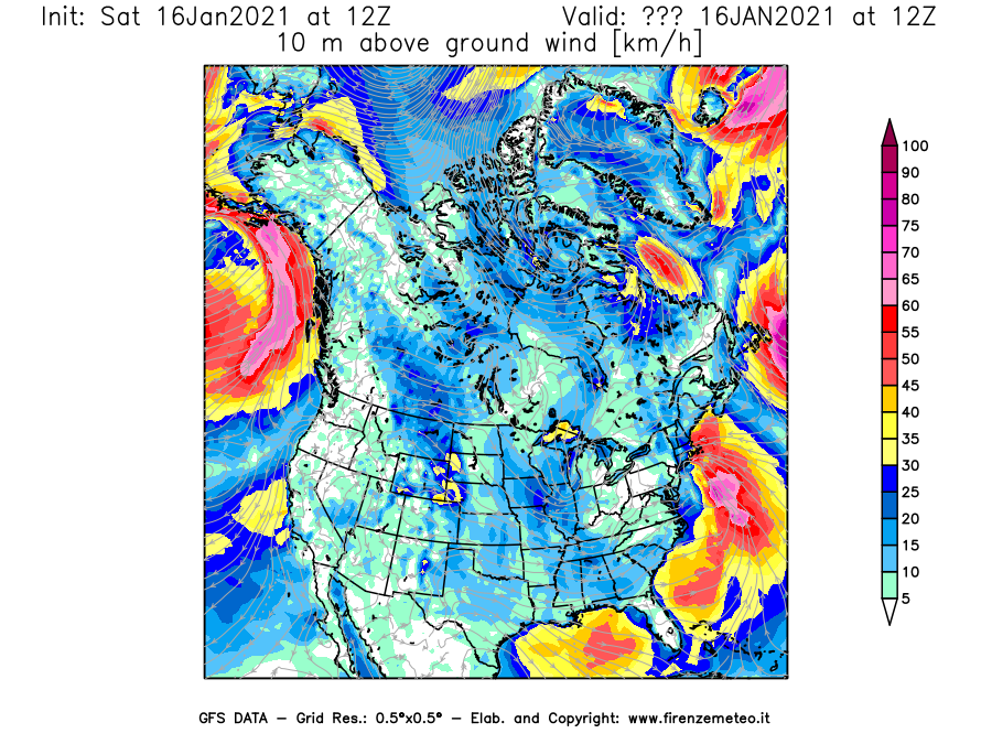 Mappa di analisi GFS - Velocità del vento a 10 metri dal suolo [km/h] in Nord-America
							del 16/01/2021 12 <!--googleoff: index-->UTC<!--googleon: index-->