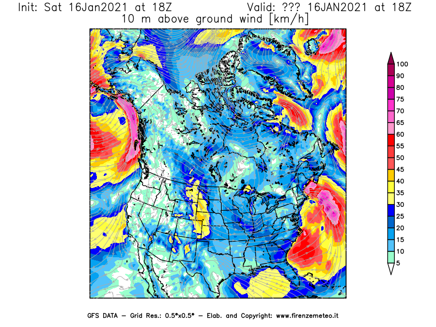 Mappa di analisi GFS - Velocità del vento a 10 metri dal suolo [km/h] in Nord-America
							del 16/01/2021 18 <!--googleoff: index-->UTC<!--googleon: index-->